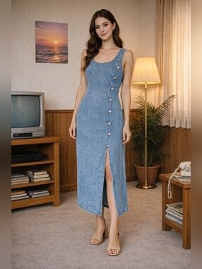 Vintage Switch USA Sleeveless Button Front Denim Midi Blue Jean Dress